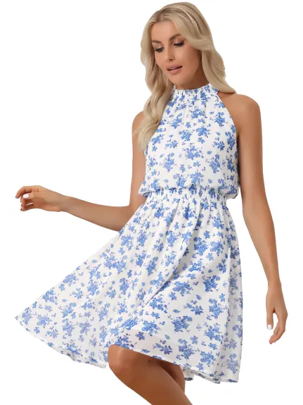 Allegra K - Halter Neck Sleeveless Smocked Floral Dress