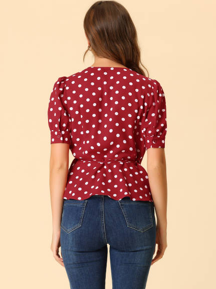 Allegra K - V Neck Polka Dots Short Sleeve Wrap Peplum Top