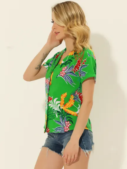 Allegra K- Beach Tropical Floral Leaves Button Down Shirt