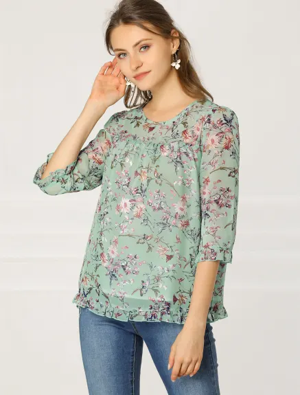 Allegra K- Blouse florale en mousseline à manches 3/4 et à volants