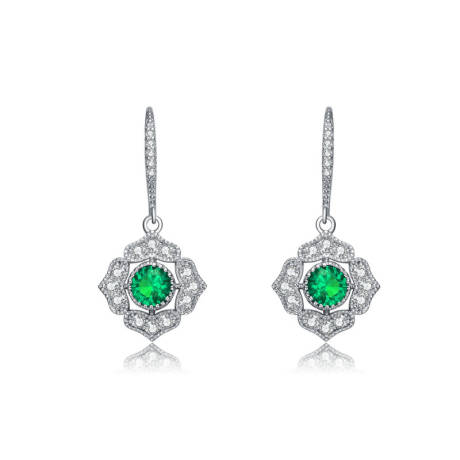 Genevive Sterling Silver White Gold Plated with Colored Cubic Zirconia Petal Flower Drop Earrings