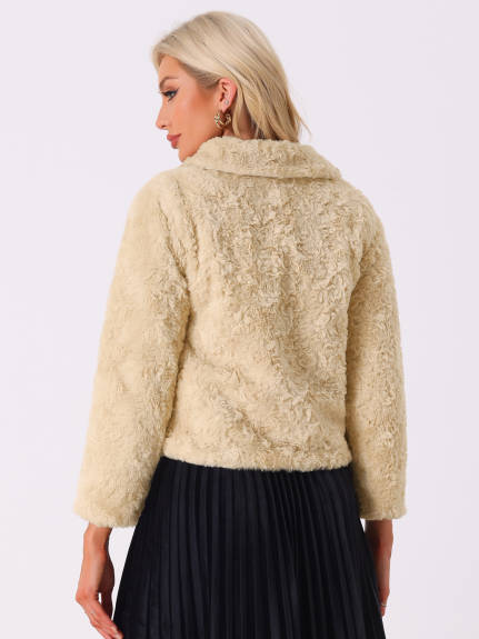 Allegra K - Faux Fur Collar Cropped Fluffy Coat