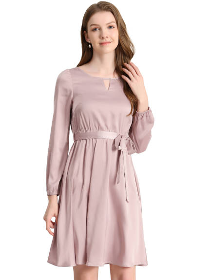 Allegra K- Round Neck Keyhole Belted Long Sleeve Satin Dress