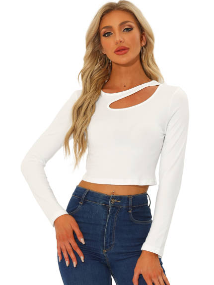 Allegra K - Long Sleeve Cut Out Slim Crop Top