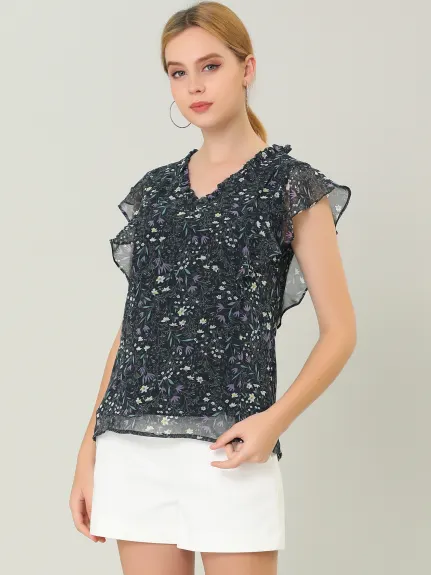 Allegra K- Ruffle Floral Cap Sleeve Top