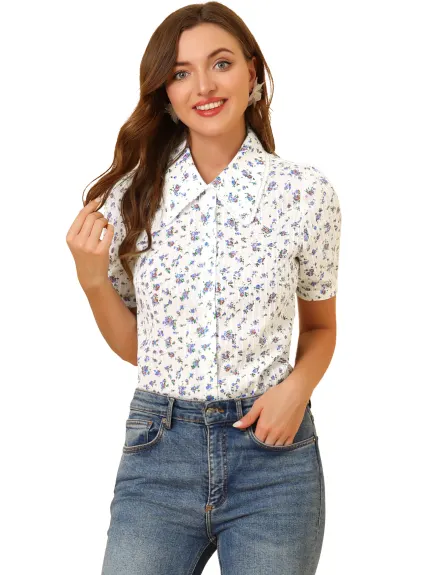 Allegra K - Point Collar Button Down Floral Cotton Shirt