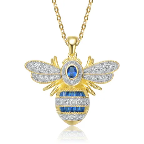 Genevive Sterling Silver 14k Gold Plated with Sapphire Blue Cubic Zirconia Pave Wasp Pendant Necklace