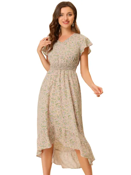 Allegra K- Smocked Floral High Low Maxi Dress