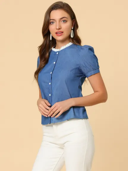 Allegra K - Puff Sleeve Lace Trim Stand Collar Summer Shirt