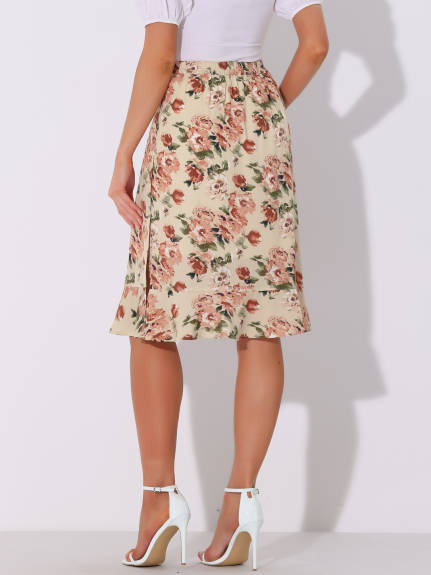 Allegra K- Floral Ruffle A-Line Split Midi Skirt