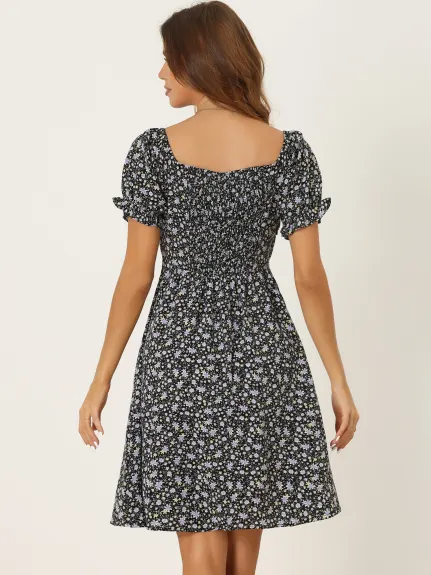 Allegra K - Sweetheart Neck Smocked Back Floral Dress