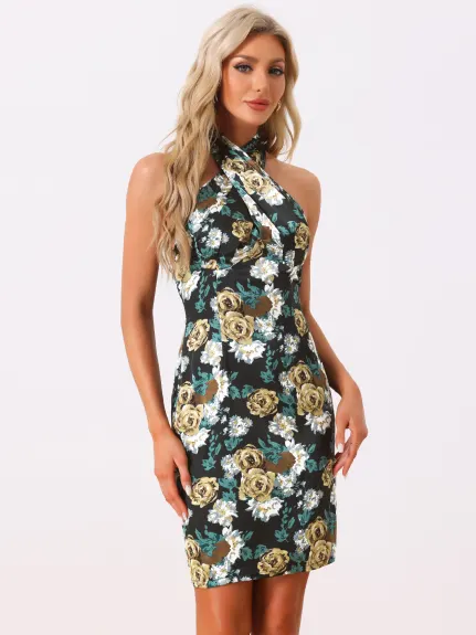 Allegra K- Floral Backless Halter Neck Satin Dress