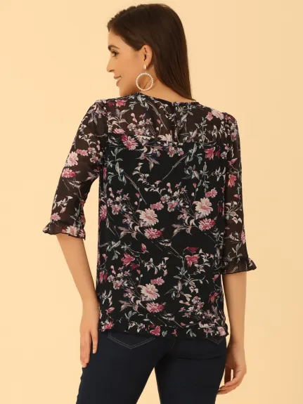 Allegra K- Blouse florale en mousseline à manches 3/4 et à volants