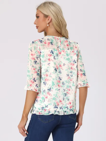 Allegra K- Blouse florale en mousseline à manches 3/4 et à volants