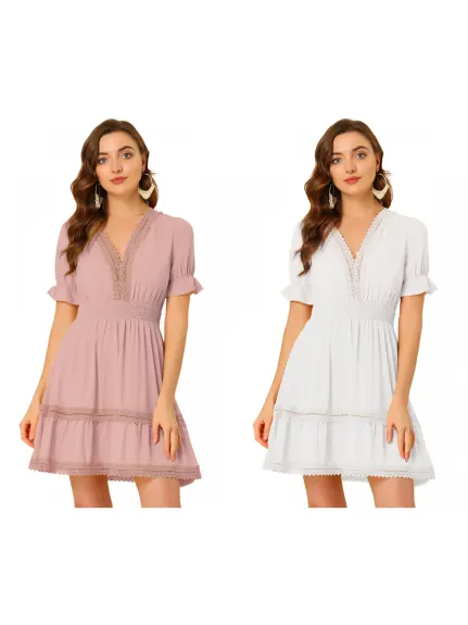 Allegra K- Mini robe bohème à col en V et taille élastique smockée à manches courtes