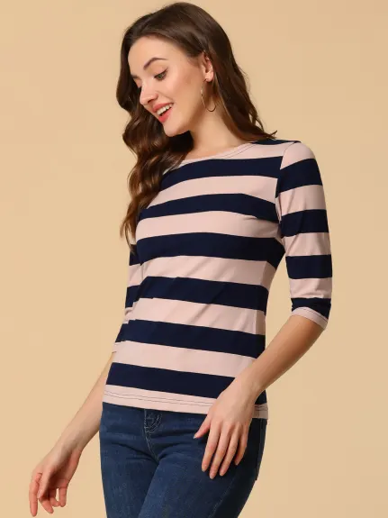 Allegra K- Boat Neck Elbow Sleeve Slim Fit Stripe T-Shirt