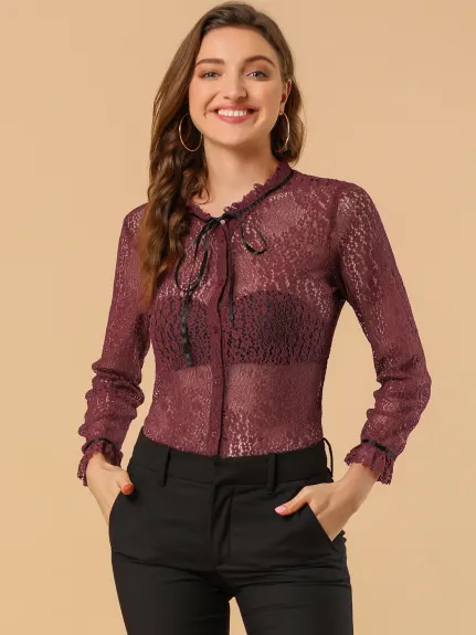 Allegra K- Lace Floral Semi Sheer Long Sleeve Blouse