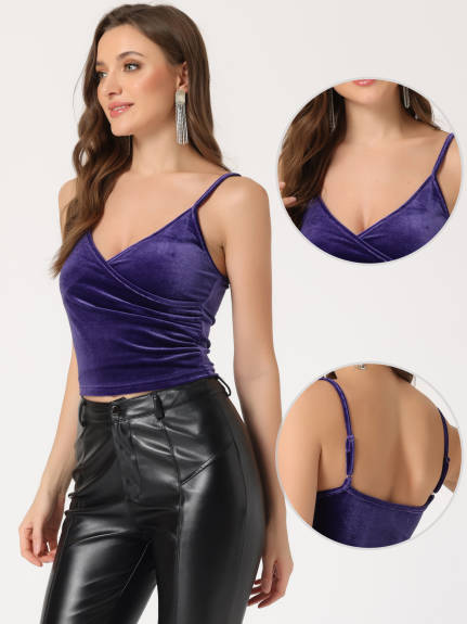 Allegra K- Velvet Deep V Neck Cross Wrap Ruched Crop Cami Top