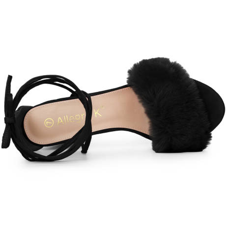 Allegra K- Faux Fur Lace Up Chunky Heels Sandals