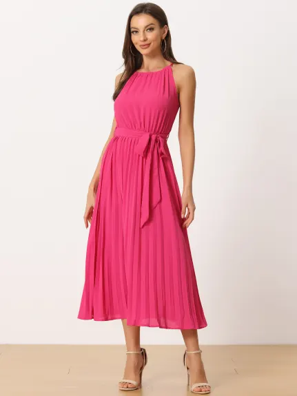 Allegra K- Halter Neck Belted Pleated Dress