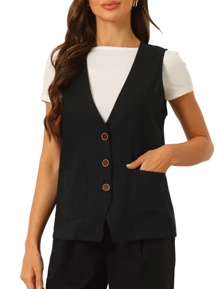 Allegra K- Button Down V Neck Vest Waistcoat