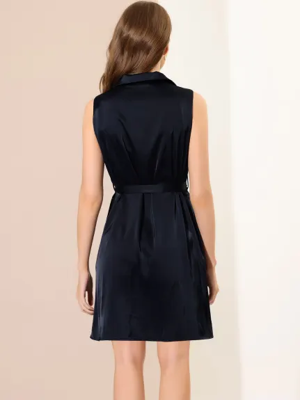 Allegra K- Sleeveless Solid Belted Satin Shirt Dress