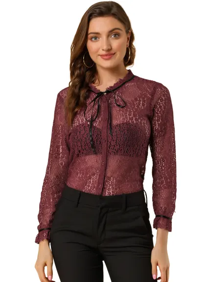 Allegra K- Lace Floral Semi Sheer Long Sleeve Blouse