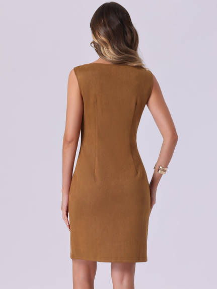 Allegra K - Faux Suede Boat Neck Sheath Dress