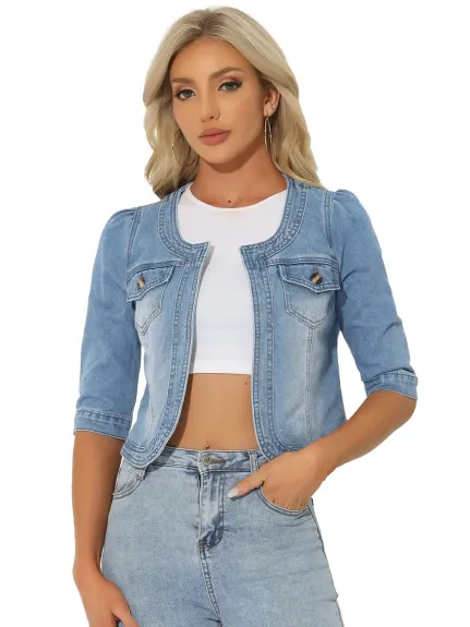 Allegra K- Veste en jean courte sans col, col rond, manches 3/4, ouverte sur le devant