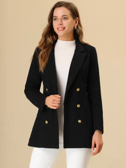 Allegra K- Notched Lapel Double Breasted Outwear Pea Coat Belted