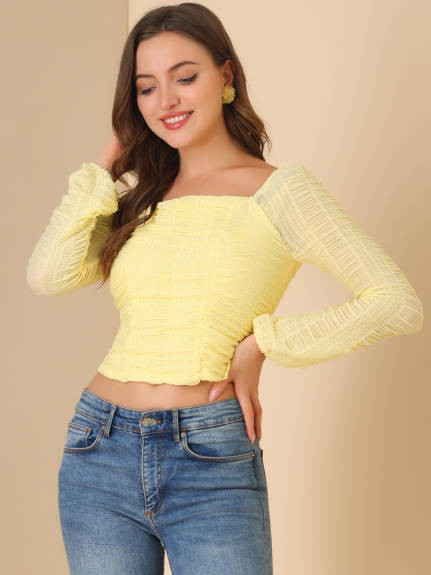 Allegra K - Square Neck Ruched Long Sleeve Crop Top