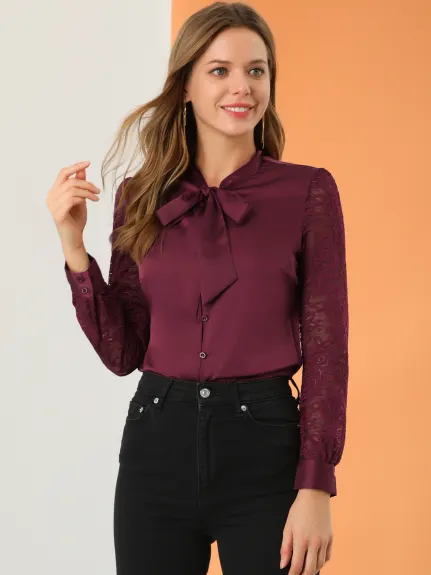 Allegra K- Tie Neck Button Lace Sleeve Satin Blouse Shirt