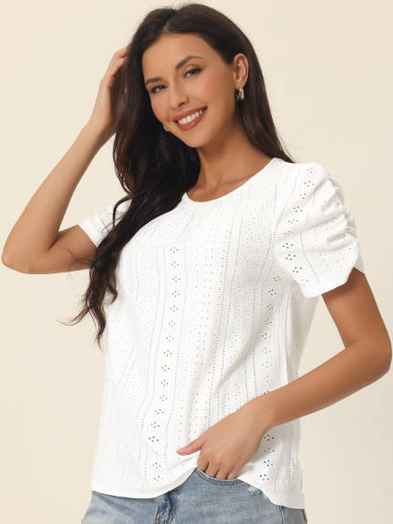 Allegra K- Eyelet Ruched Crewneck Solid Tops