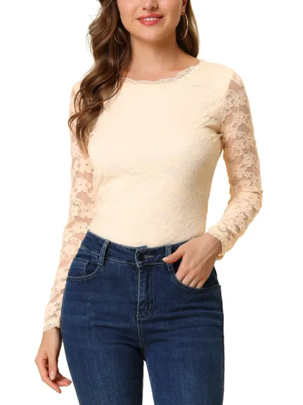 Allegra K- Round Neck Long Sleeve Embroidery Lace Blouse