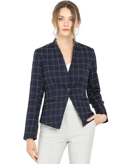 Allegra K- Single Button Stand Collar Plaid Blazer