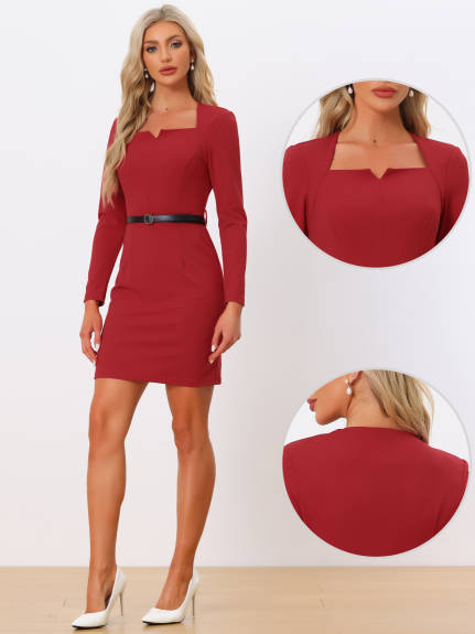 Allegra K- Belted Square Neck Shoulder Pads Bodycon Dress