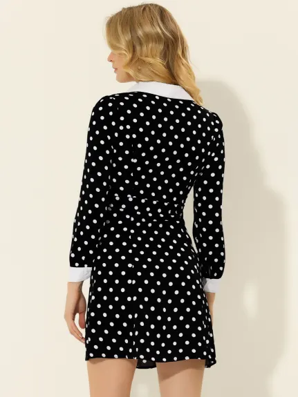 Allegra K- Contrast Cuff Polka Dots a Line Long Sleeve Dress