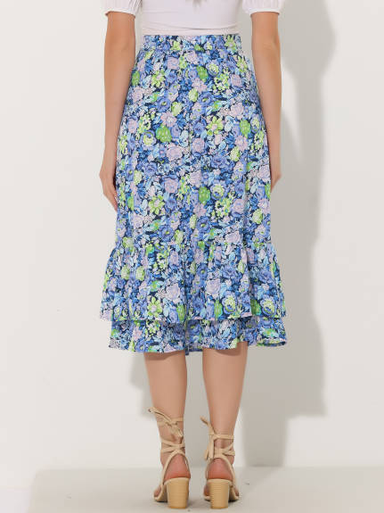 Allegra K- Zipper Printed Chiffon Ruffle Tiered Midi Skirt