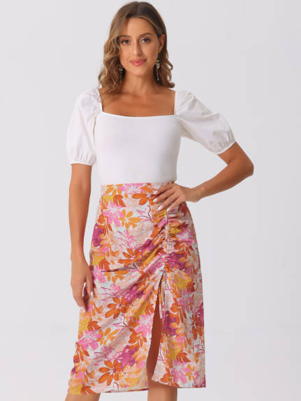 Allegra K- Flowy Ruched Front Floral Midi Skirt