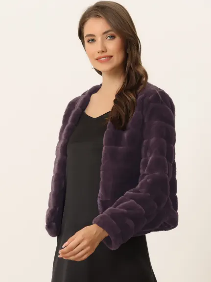 Allegra K- Cropped Collarless Faux Fur Fluffy Coat Jacket