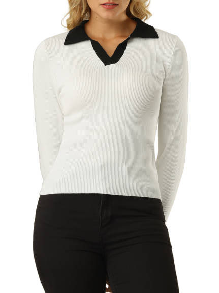 Hobemty- Fitted Knit Contrast Color Polo Top