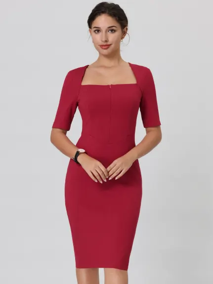 Hobemty- Square Neck Zip Up Short Sleeve Sheath Pencil Dress