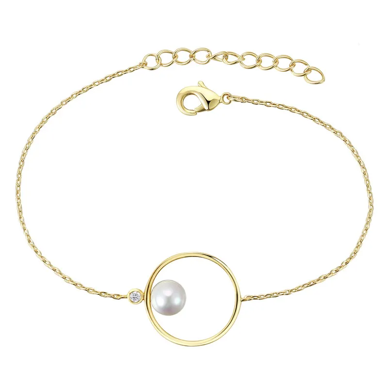 Genevive Sterling Silver 14k Gold Plated with White Genuine Freshwater Pearl Asymmetrical Wire Delicate Bracelet