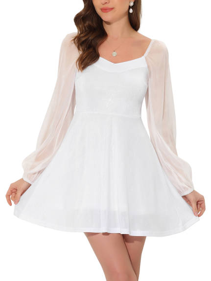 Allegra K- Sweetheart Neck Sheer Long Sleeve Dress