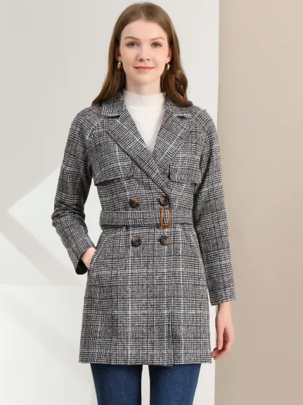 Allegra K- Trench-coat pied-de-poule à manches raglan et revers cranté