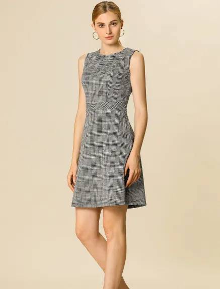 Allegra K- Sleeveless Plaid Houndstooth Flare Dress