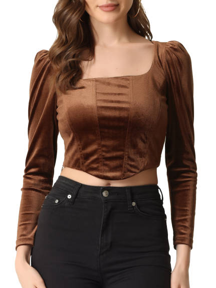 Allegra K- Velvet Square Neck Long Sleeve Crop Blouse