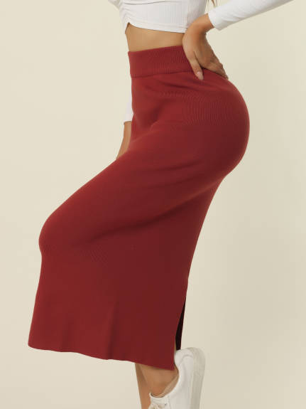 Allegra K - Ribbed Knit Slit Stretchy Bodycon Skirt