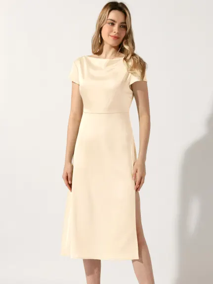 Allegra K - Satin Cowl Neck Cap Sleeve Midi Dress