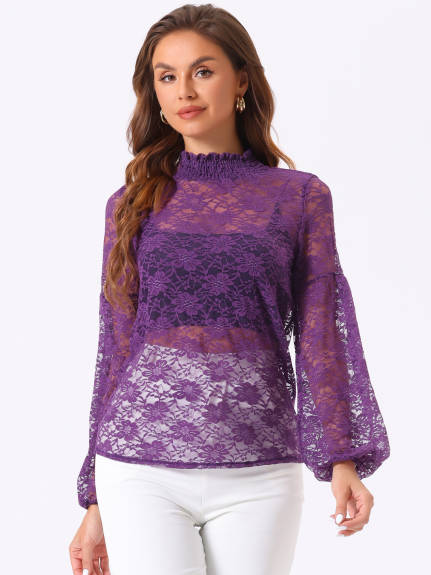 Allegra K- Ruffle Mock Neck Floral Lace Sheer Blouse